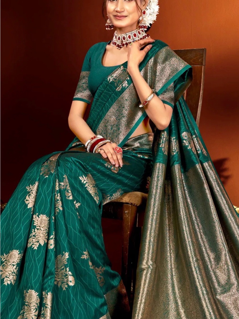 Green Banarasi Soft Silk Saree with Gold Zari